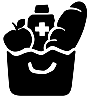 Icon of a bag of groceries, including an apple, medication bottle, and bread loaf.